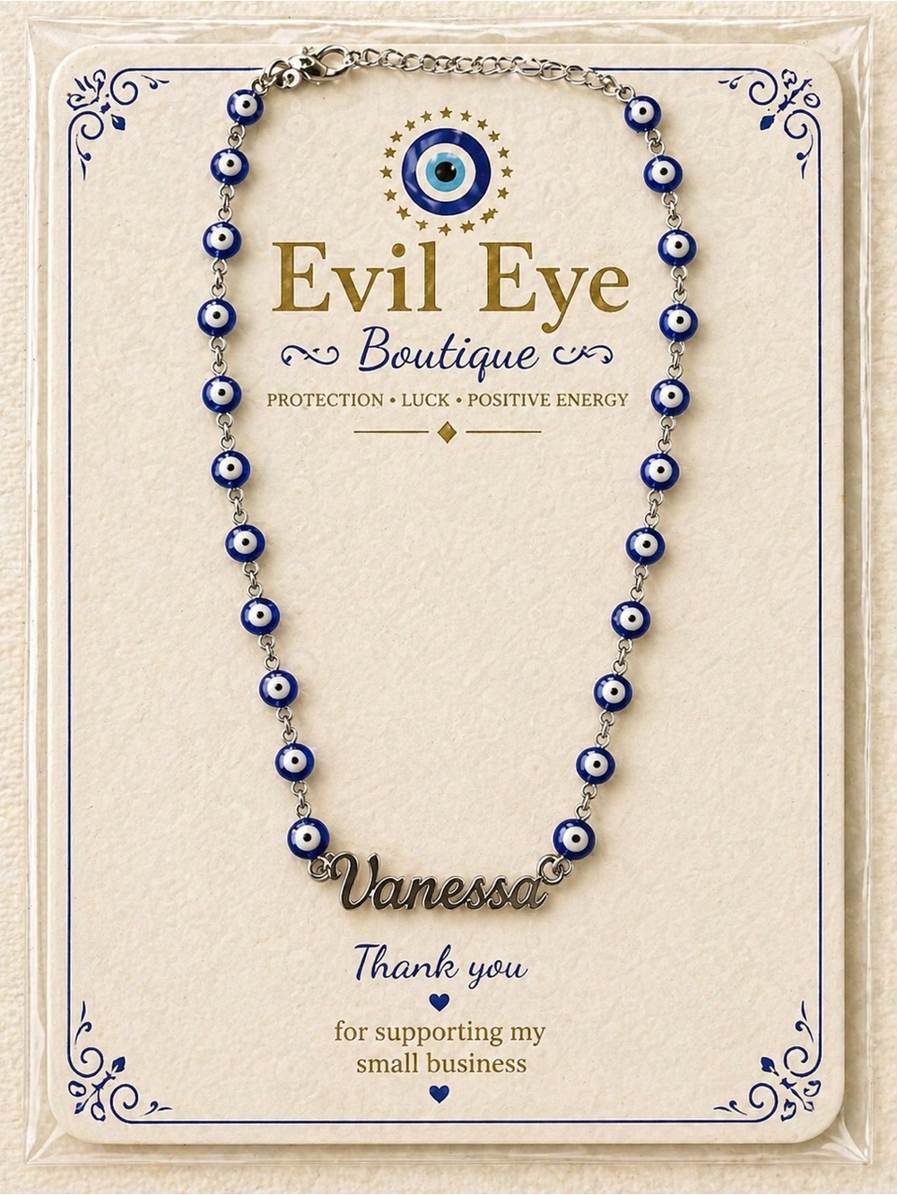 "Vanessa" Blue Evil Eye Name Necklace